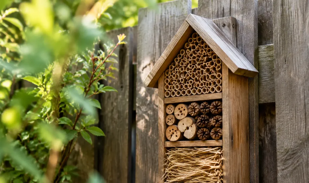 Abri en bois rempli de tiges fixé sur palissade