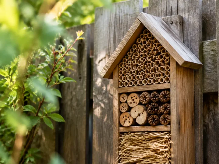 Abri en bois rempli de tiges fixé sur palissade