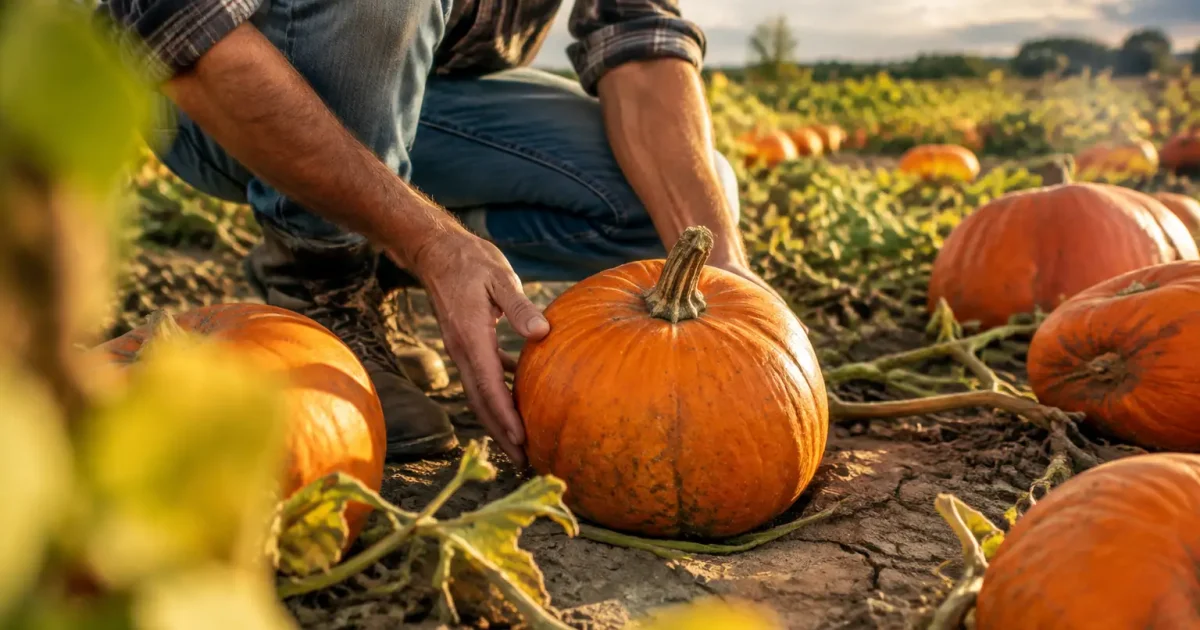 Agriculteur accroupi entre courges orange sur sol sec