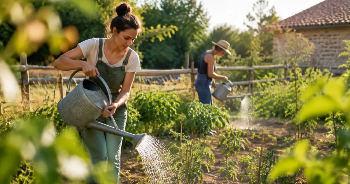 Deux agricultrices arrosent un potager sec avec un arrosoir