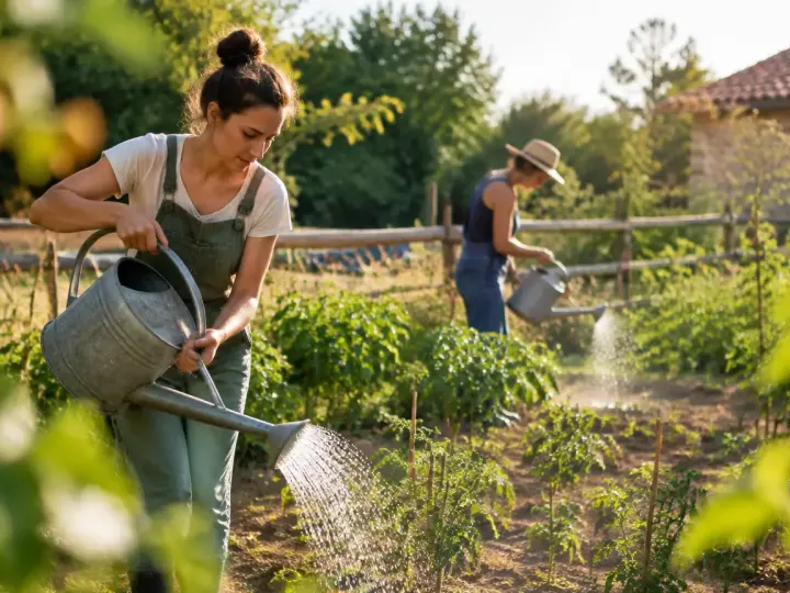 Deux agricultrices arrosent un potager sec avec un arrosoir