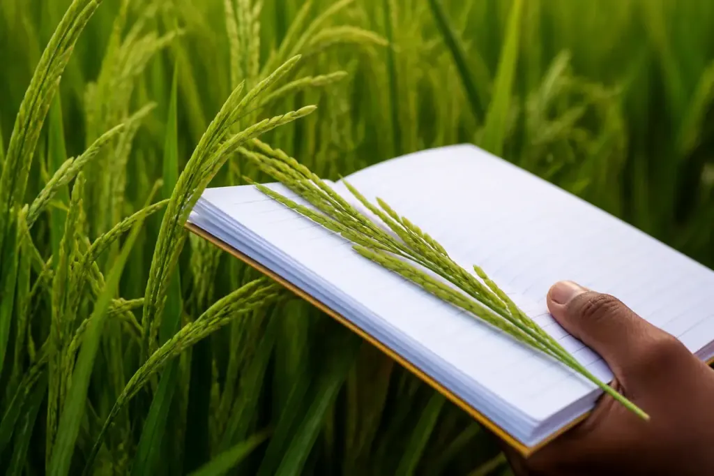 Agricultrices inspectant une parcelle de riz avec un carnet