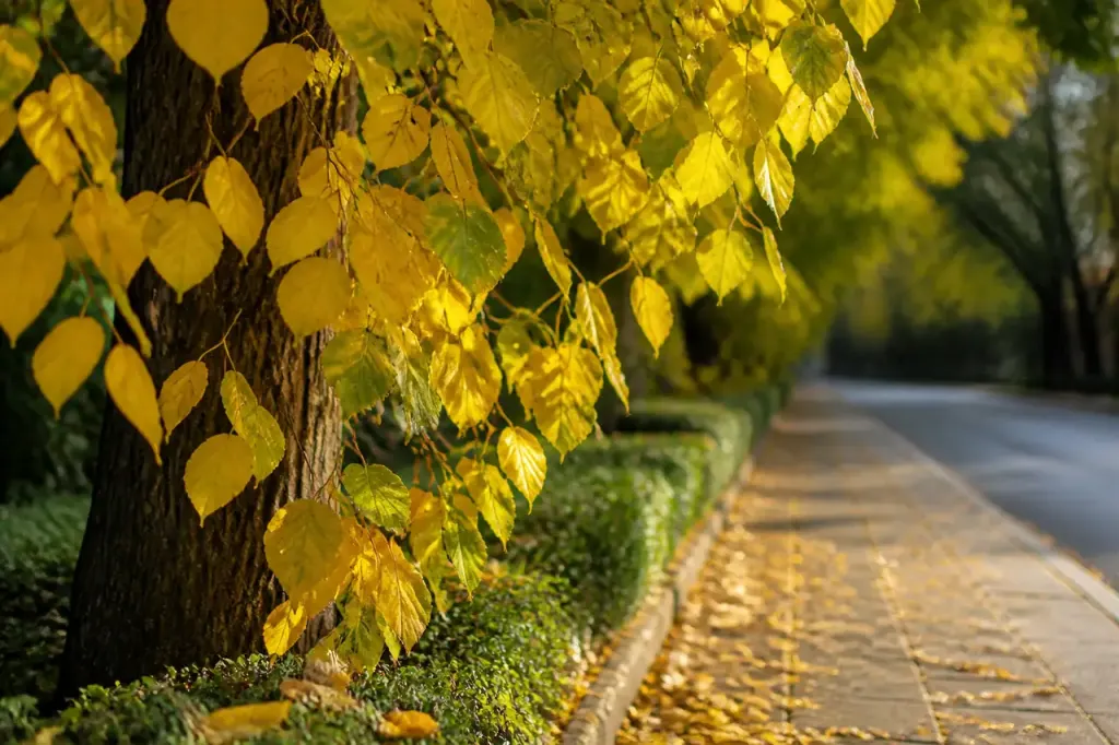 Arbre au feuillage jaune bordant un trottoir gris