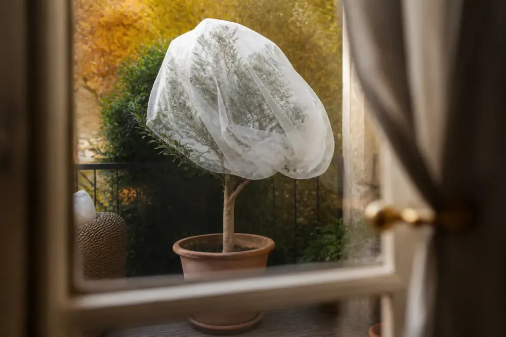 Arbre en pot couvert d'un voile blanc sur terrasse