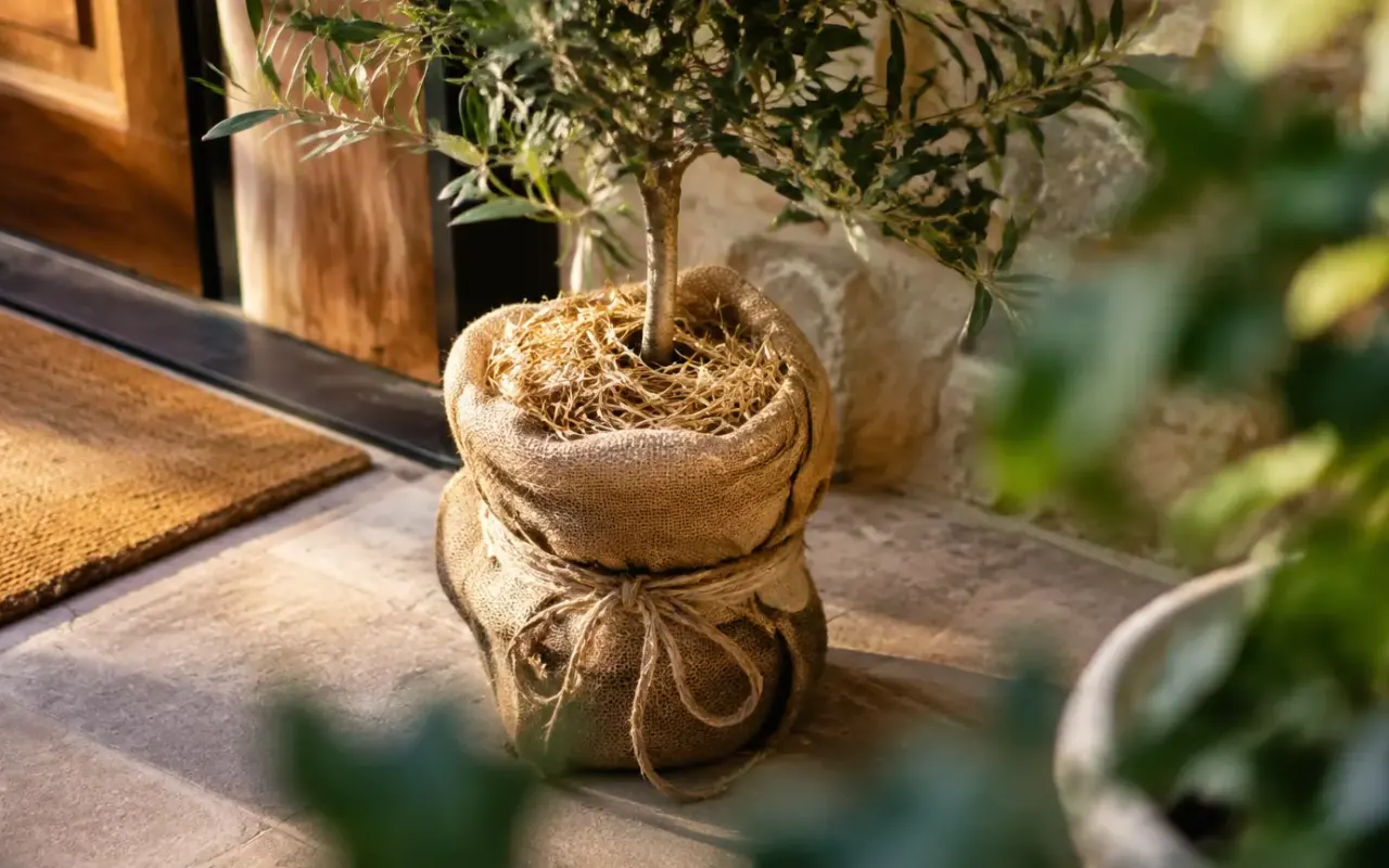 Arbre en pot emballe de toile et paille