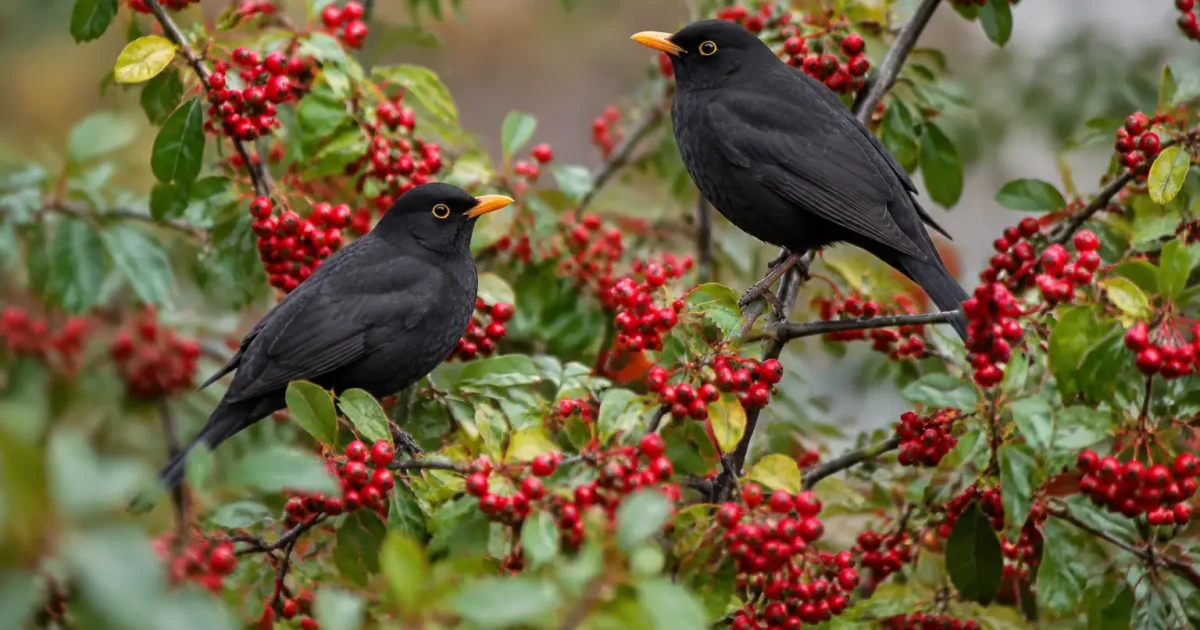 Arbuste couvert de baies rouges avec merles perches