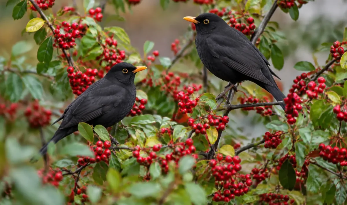Arbuste couvert de baies rouges avec merles perches
