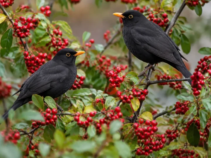 Arbuste couvert de baies rouges avec merles perches