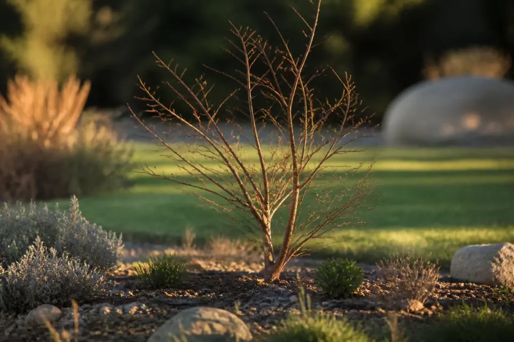 Jeune arbuste aux branches nues dans un jardin sec