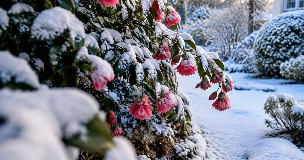 Arbuste aux fleurs roses penchees sur un jardin enneige