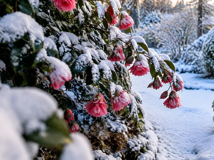 Arbuste aux fleurs roses penchees sur un jardin enneige