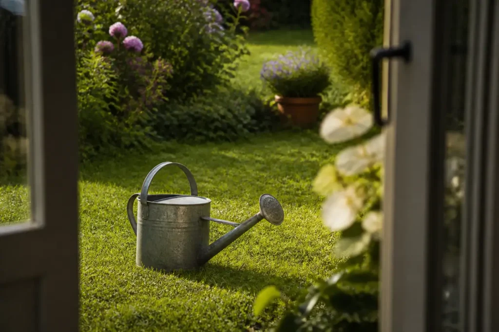 Arrosoir posé sur une pelouse humide au jardin