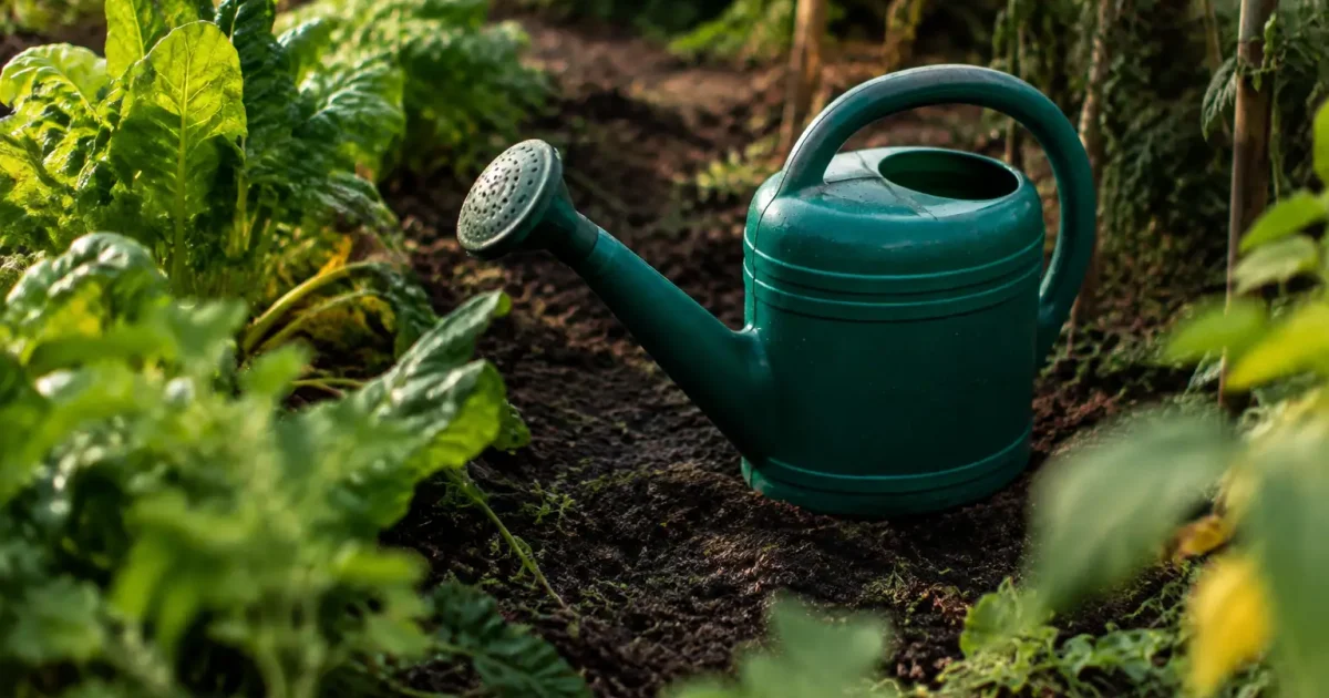 Arrosoir vert posé sur la terre humide du potager