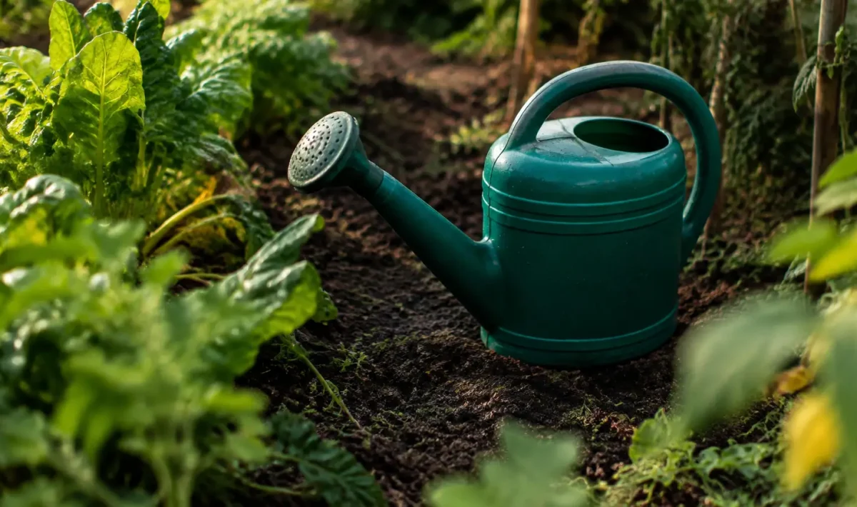 Arrosoir vert posé sur la terre humide du potager
