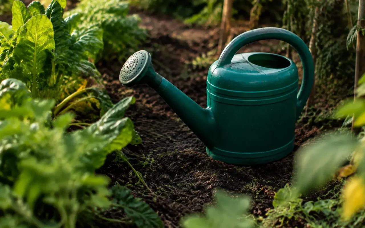 Arrosoir vert posé sur la terre humide du potager