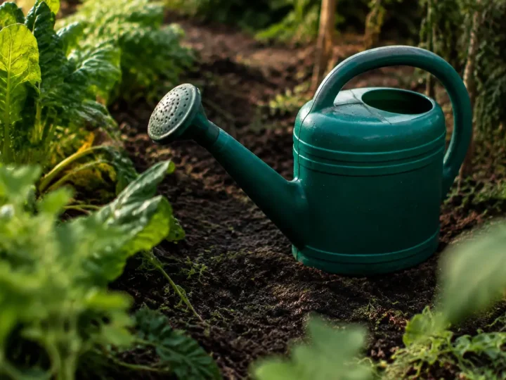 Arrosoir vert posé sur la terre humide du potager