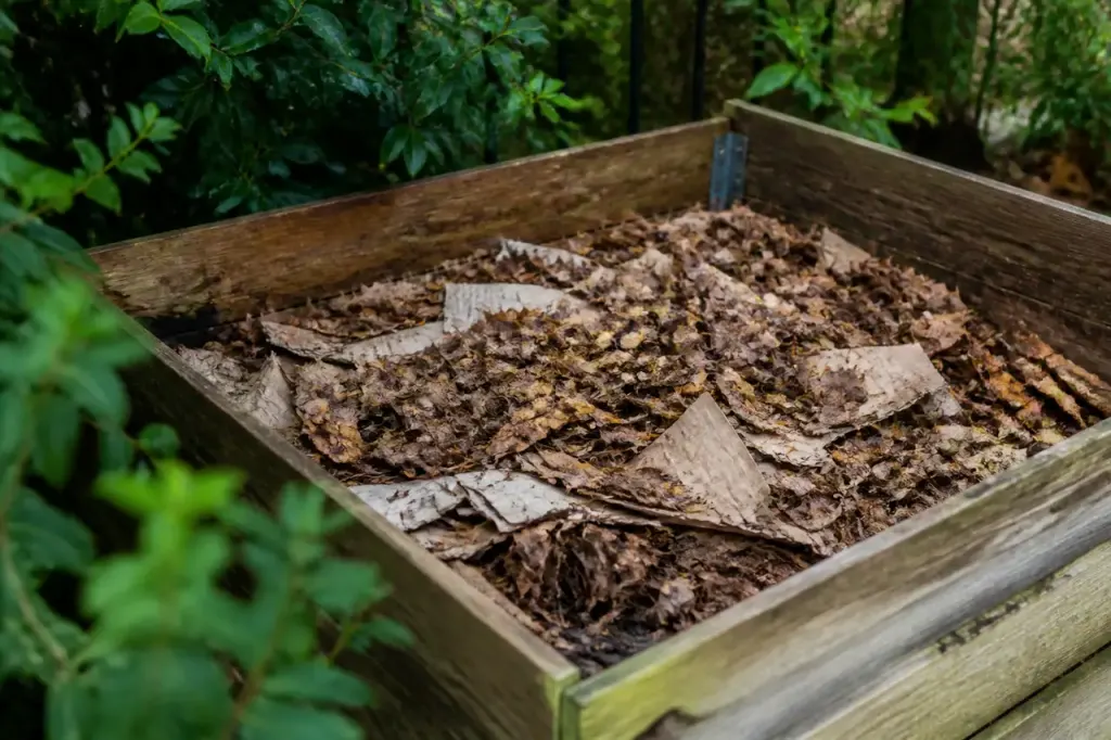 Bac de compost couvert de feuilles mortes et carton