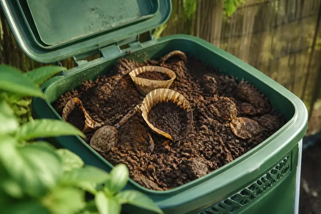 Bac de compost vert rempli de marc de cafe