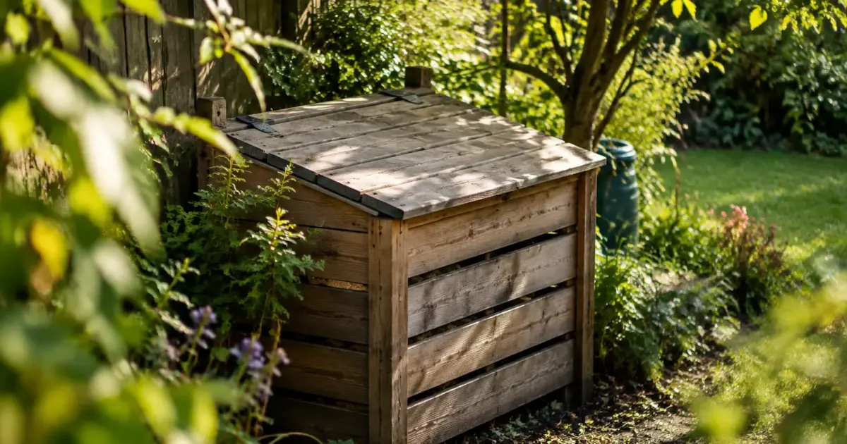 Bac composteur en bois couvert au fond d'un jardin