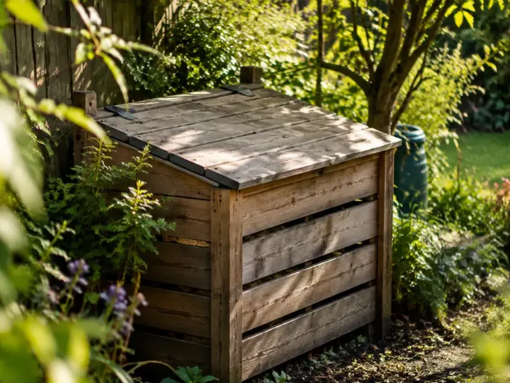 Bac composteur en bois couvert au fond d'un jardin