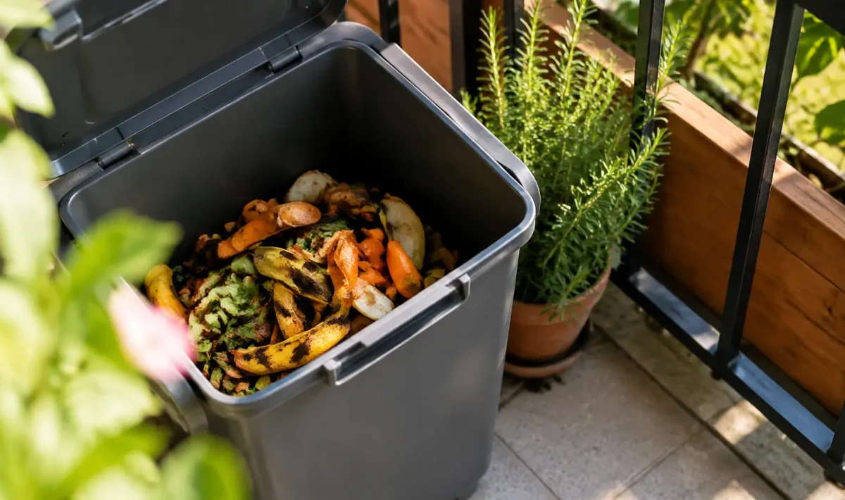 Bac gris posé sur balcon, couvercle ouvert, épluchures visibles