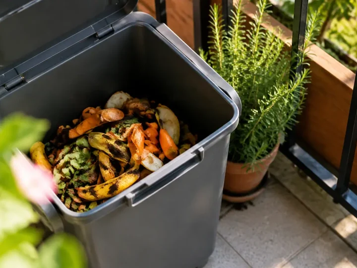 Bac gris posé sur balcon, couvercle ouvert, épluchures visibles