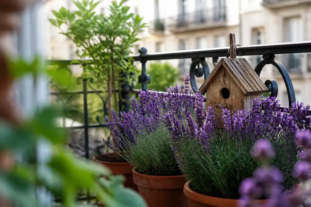 Balcon fleuri avec lavande et nichoir en bois