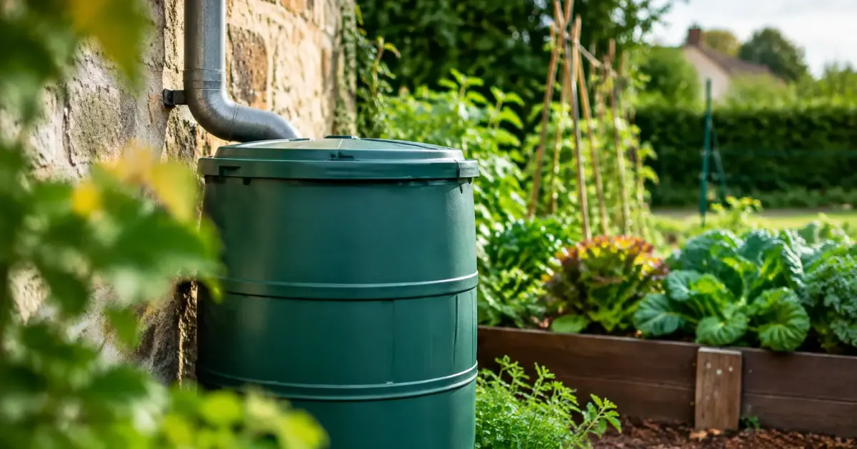 Baril vert couvercle ferme sous gouttiere pres potager