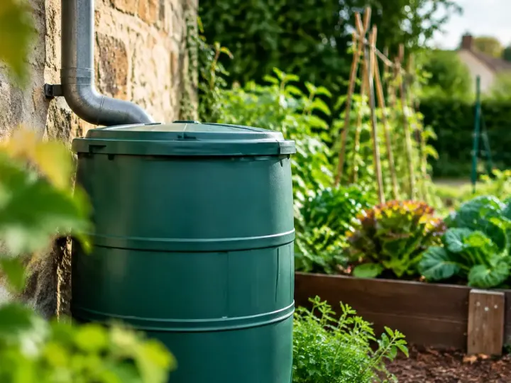 Baril vert couvercle ferme sous gouttiere pres potager