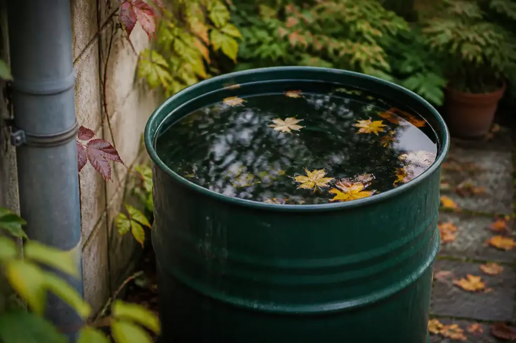 Baril vert rempli de pluie avec feuilles flottantes