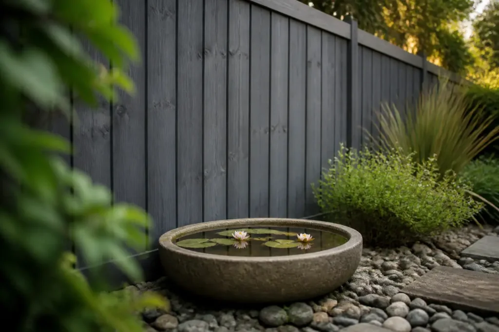 Bassin rond contre une cloture grise dans un jardin