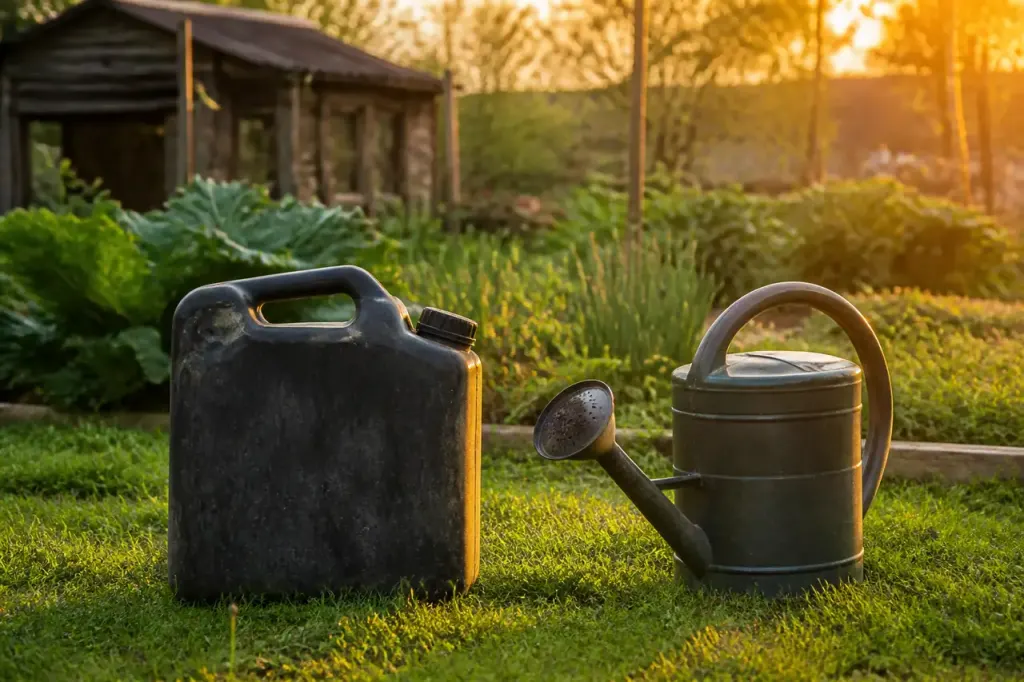 Bidon de purin de consoude et arrosoir au jardin