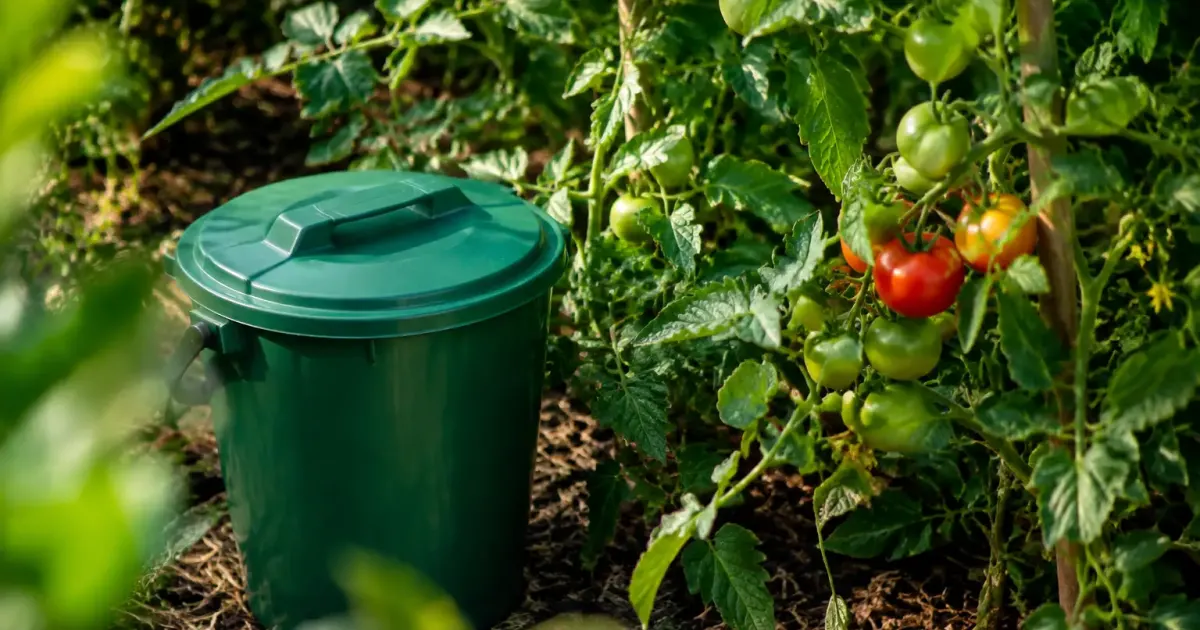 Bidon vert posé au pied des tomates au potager