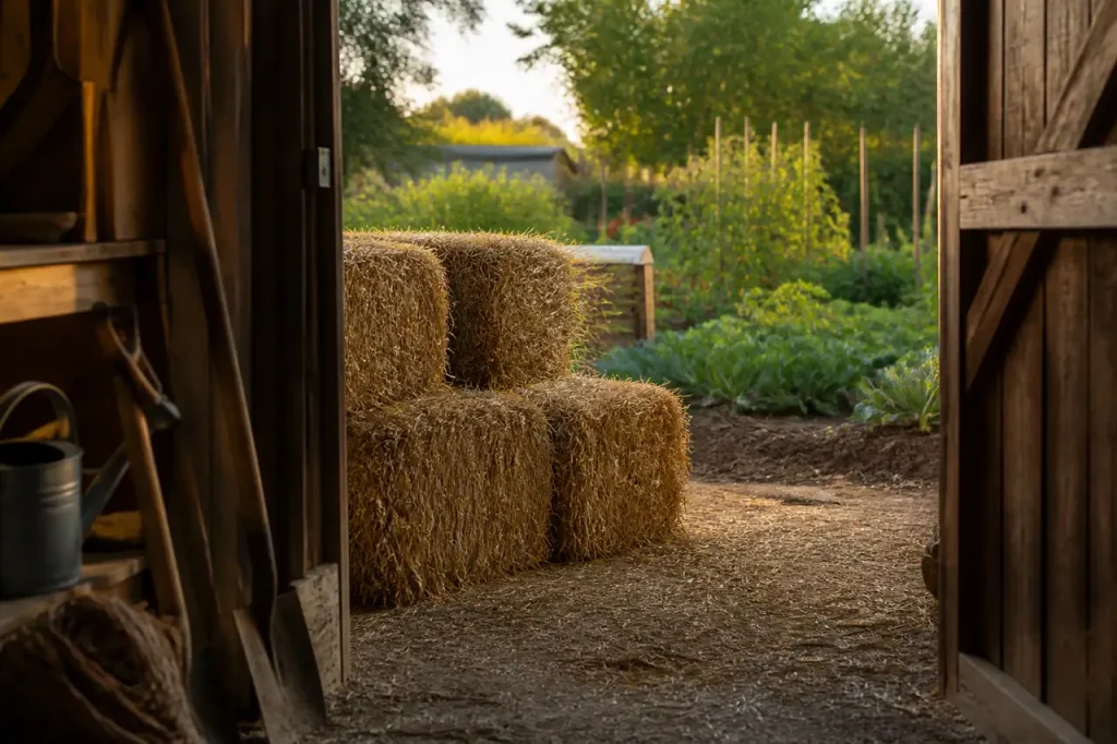 Bottes de foin empilees pres du potager