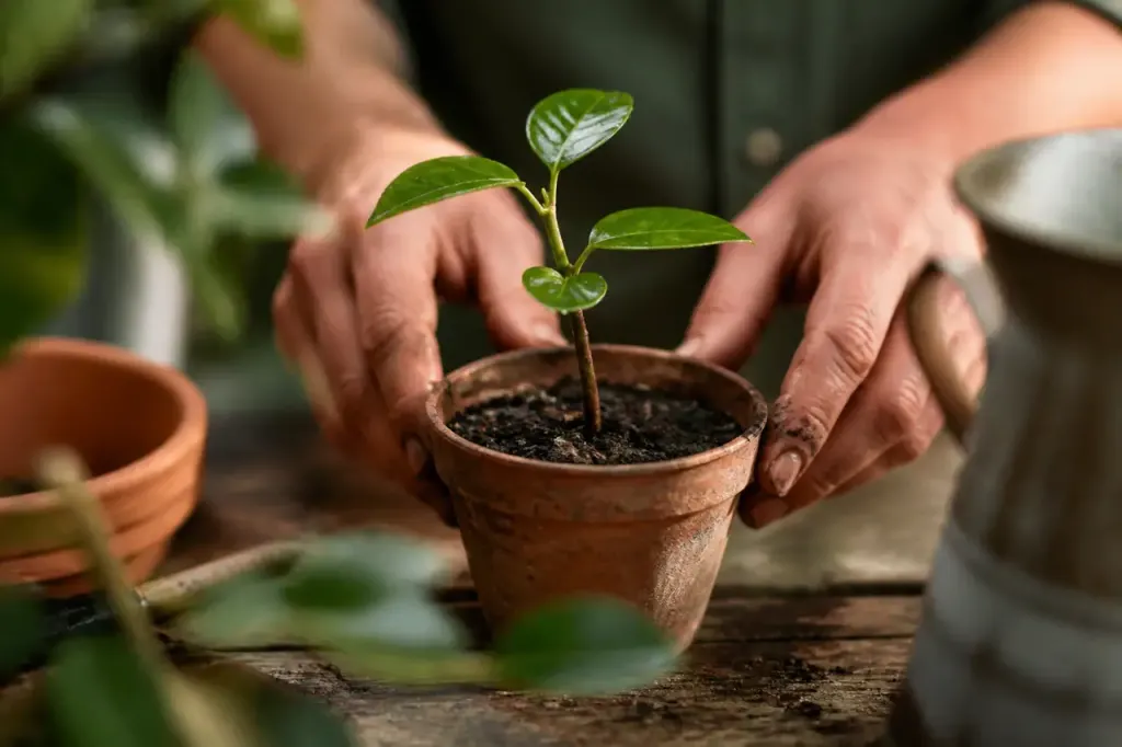 Bouture verte plantee dans un petit pot de terreau