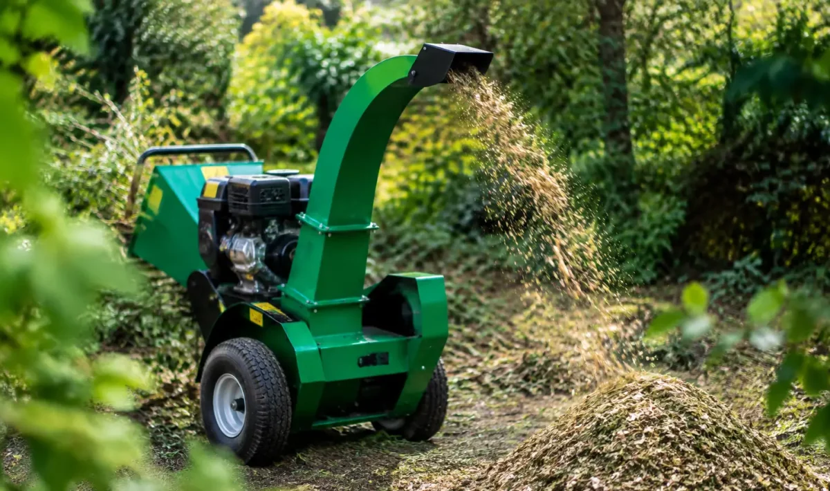 Broyeur vert deversant paillis de branches au sol