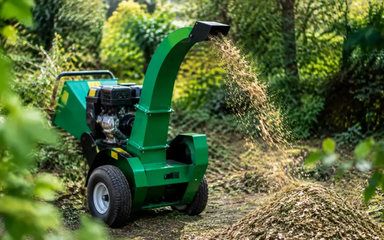 Broyeur vert deversant paillis de branches au sol