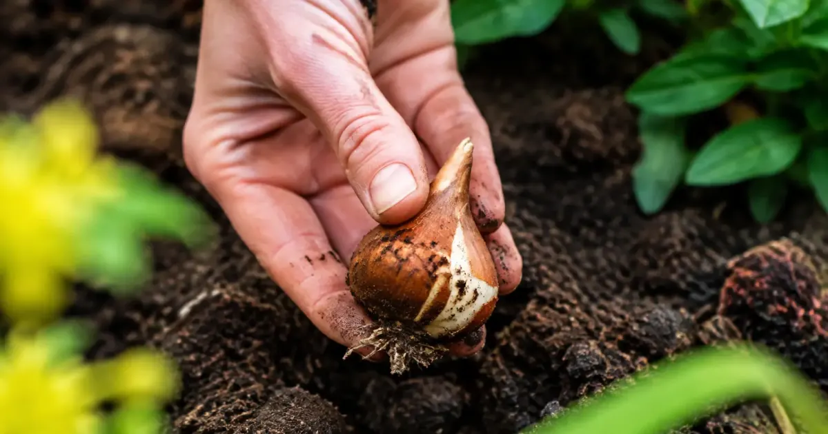 Main gantee tenant un bulbe de tulipe sur terre