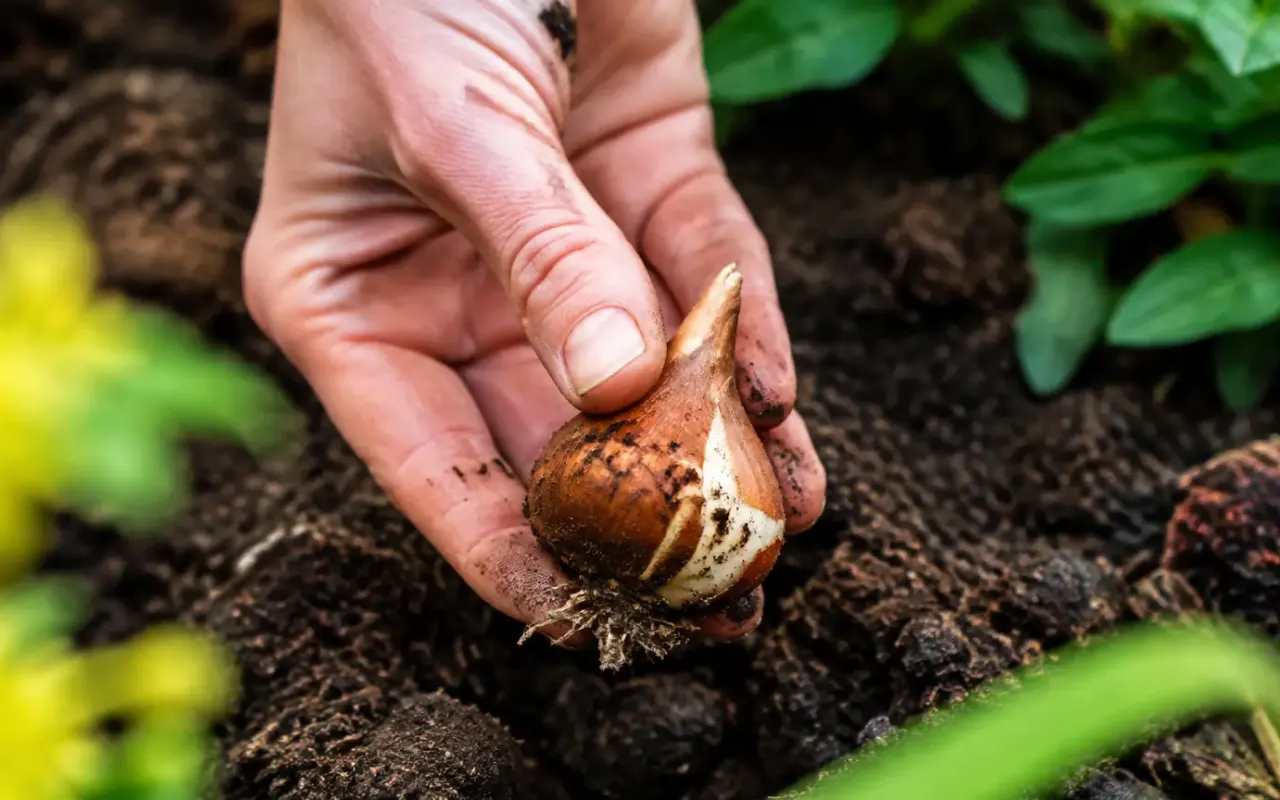 Main gantee tenant un bulbe de tulipe sur terre