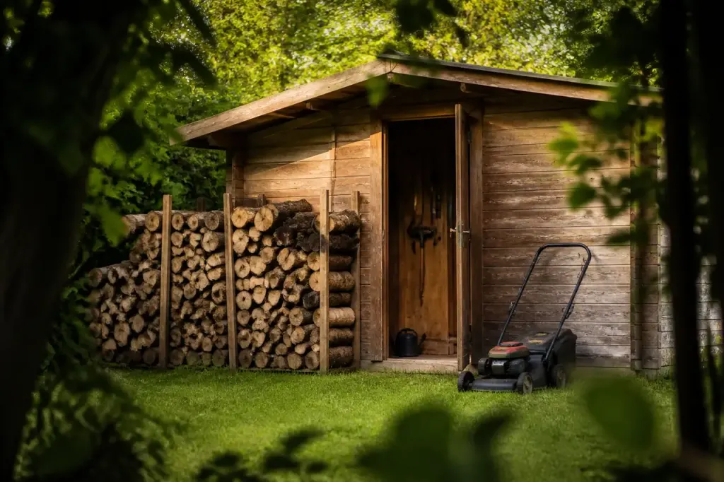 Cabanon en bois avec tas de buches et tondeuse