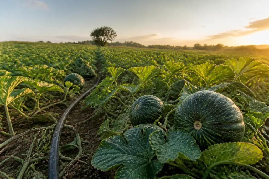 Champ de courges vertes avec tuyau noir au sol