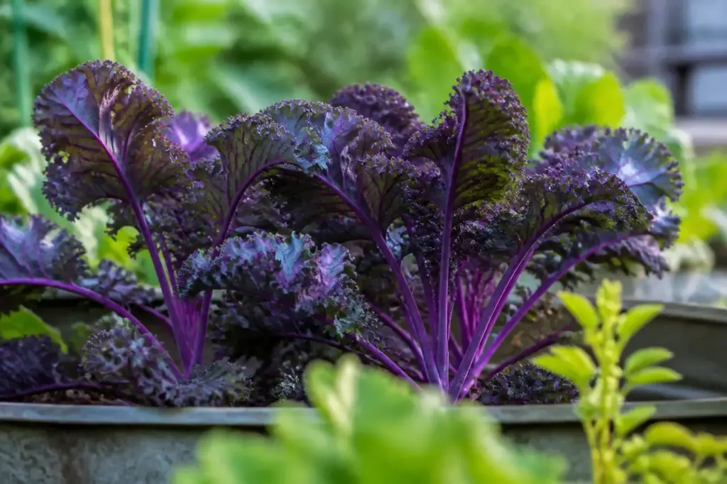 Choux vivaces aux feuilles violettes dans un potager