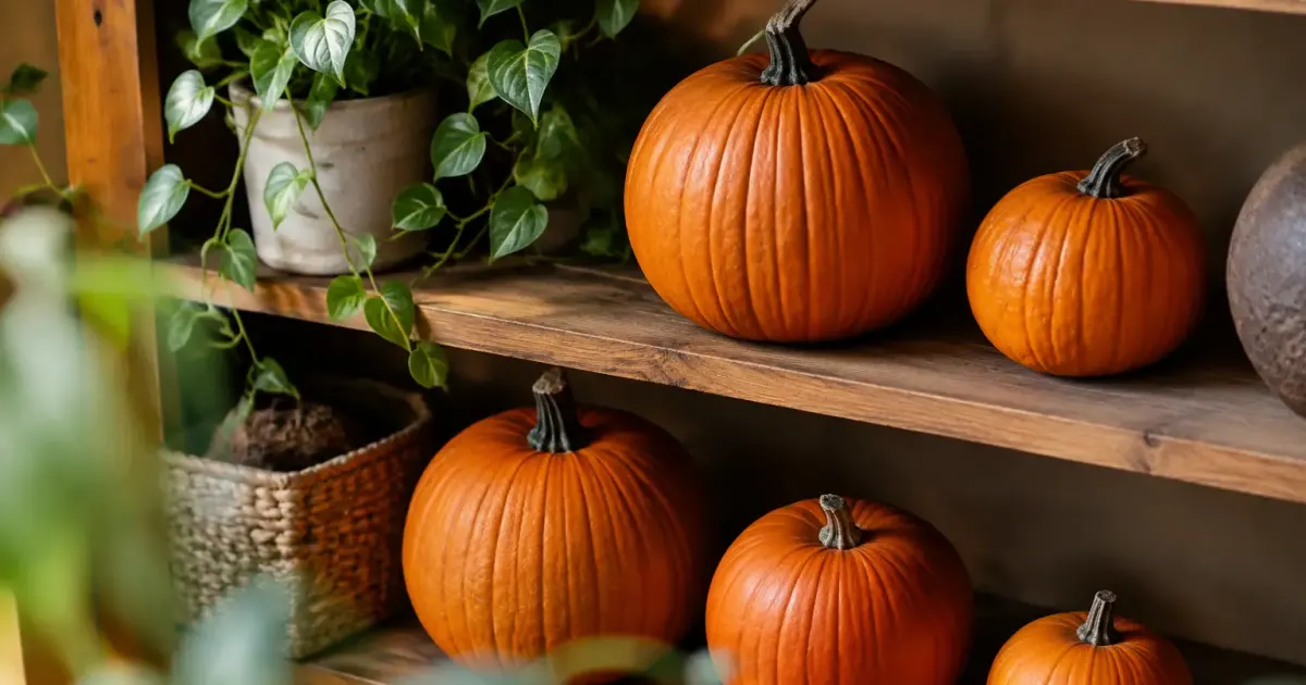 Citrouilles orange disposees sur une etagere en bois