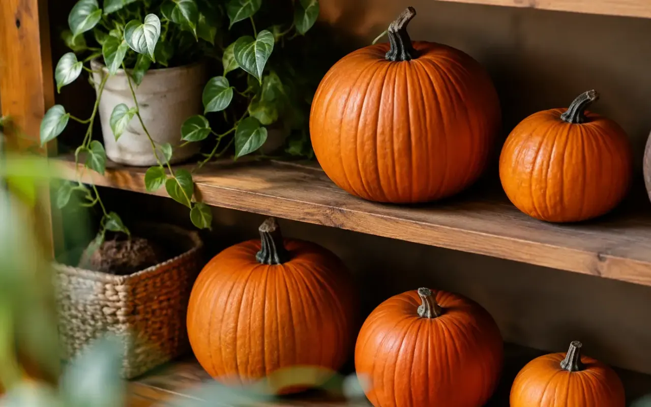 Citrouilles orange disposees sur une etagere en bois