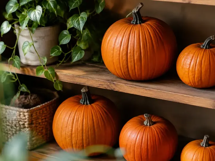 Citrouilles orange disposees sur une etagere en bois