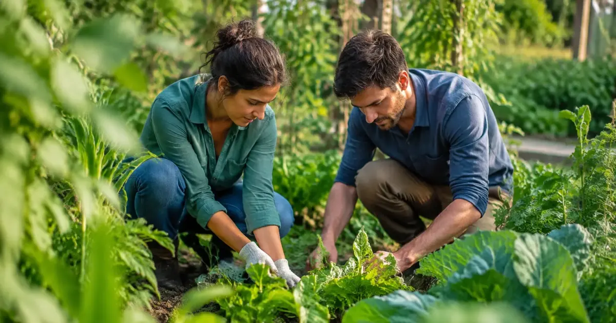 Couple agenouille dans un potager de legumes verts