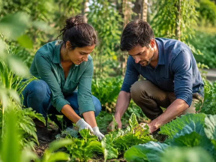 Couple agenouille dans un potager de legumes verts