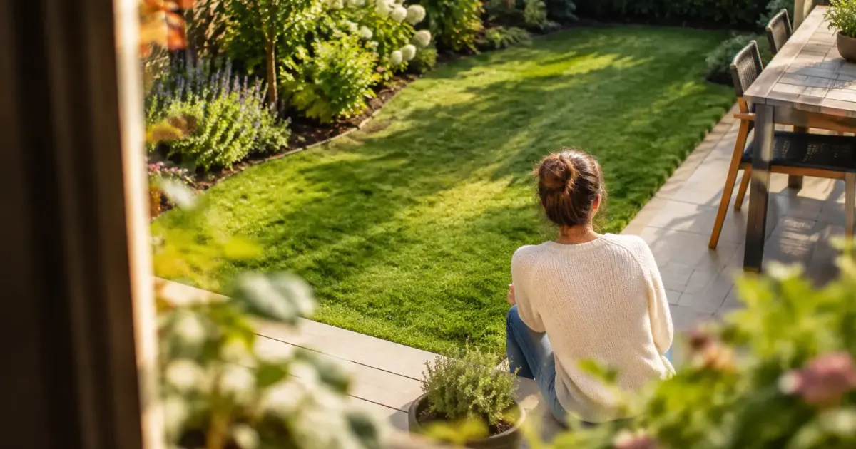 Cour de maison avec gazon et plantes en bordure