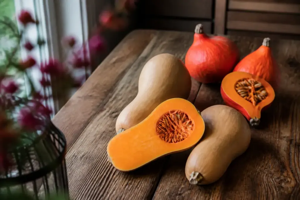 Courges butternut et potimarron sur table en bois
