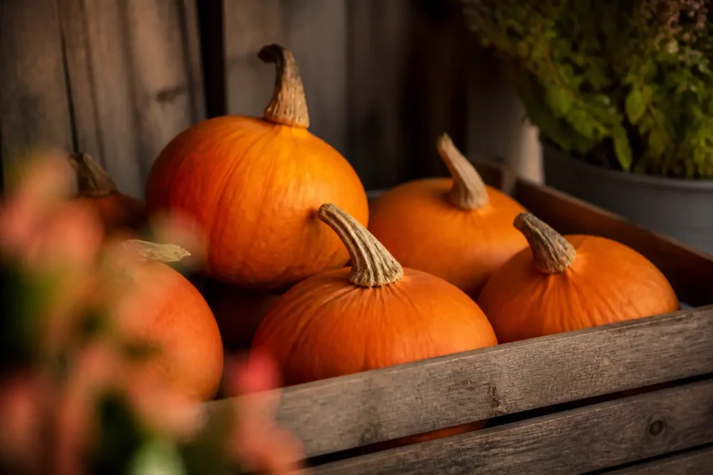 Courges orange aux queues seches sur caisse en bois